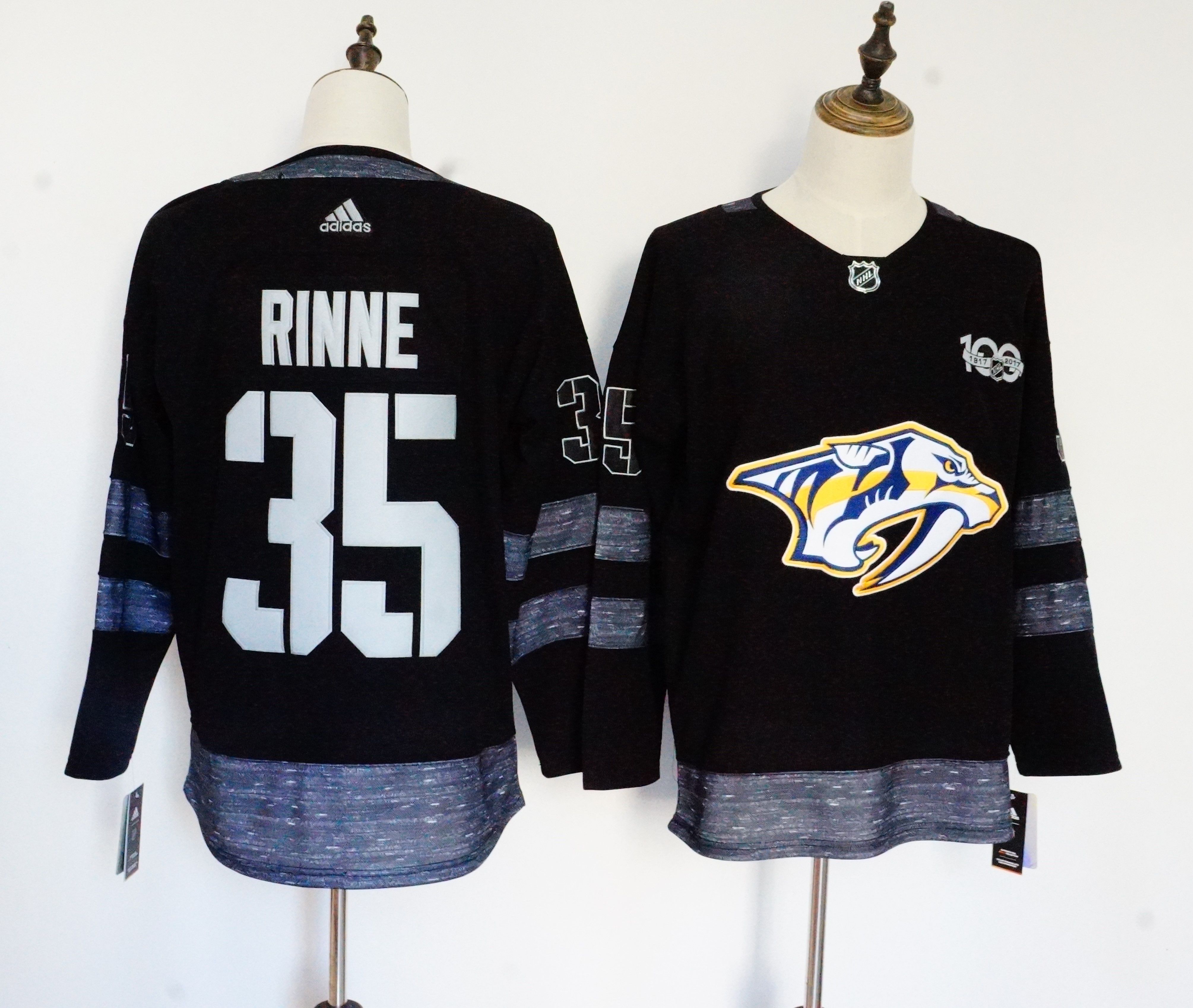 Men Nashville Predators #35 Rinne Black 100th Anniversary Stitched Adidas NHL Jerseys